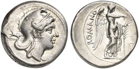 Anonymous, Didrachm, Neapolis or Rome, 265-242 BC
AR (g 6,60; mm 20; h 3)
Head of Roma r., wearing Phrygian helmet; behind, dog, Rv. Victory standin...