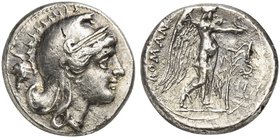 Anonymous, Didrachm, Neapolis or Rome, 265-242 BC
AR (g 5,13; mm 19; h 4)
Head of Roma r., wearing Phrygian helmet; behind, murex, Rv. Victory stand...