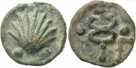 Anonymous, Cast Sextans, Rome, ca. 240 BC
AE (g 48; mm 34; h 6)
Scallop-shell seen from outside; below, °°, Rv. Caduceus; on r., sickle; in field, °...