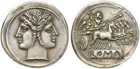 Anonymous, Quadrigatus, Rome, from 269 BC
AR (g 6,79; mm 24; h 7)
Laureate head of Fontus, Rv. Jupiter in quadriga driven by Victory r., holding sce...
