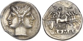 Anonymous, Quadrigatus, Rome, from 269 BC
AR (g 6,35; mm 24; h 7)
Laureate head of Fontus, Rv. Jupiter in quadriga driven by Victory r., holding sce...