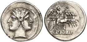 Anonymous, Quadrigatus, Rome, from 269 BC
AR (g 6,76; mm 24; h 6)
Laureate head of Fontus, Rv. Jupiter in quadriga driven by Victory r., holding sce...
