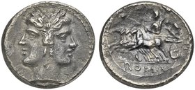 Anonymous, Drachm - Half Quadrigatus, Rome, from 269 BC
AR (g 2,99; mm 17; h 7)
Laureate head of Fontus, Rv. Jupiter in quadriga driven by Victory l...