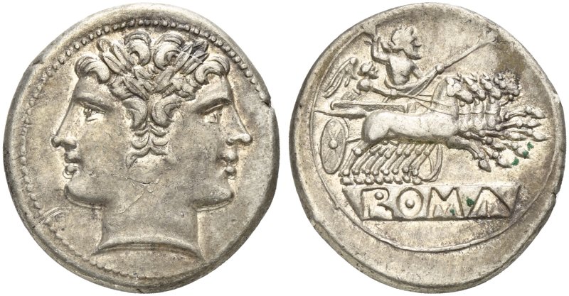 Anonymous, Quadrigatus, Rome, from 269 BC
AR (g 6,64; mm 23; h 6)
Laureate hea...