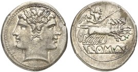 Anonymous, Quadrigatus, Rome, from 269 BC
AR (g 6,64; mm 23; h 6)
Laureate head of Fontus, Rv. Jupiter in quadriga driven by Victory r., holding sce...