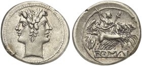Anonymous, Quadrigatus, Rome, from 269 BC
AR (g 6,66; mm 23; h 12)
Laureate head of Fontus, Rv. Jupiter in quadriga driven by Victory r., holding sc...