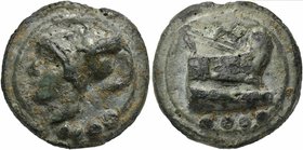 Anonymous, Cast Triens, Rome, ca. 225-217 BC
AE (g 97; mm 45; h 12)
Helmeted head of Minerva l.; below, °°°°, Rv. Prow r.; below, °°°°. Crawford 35/...
