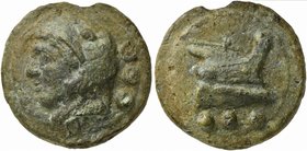 Anonymous, Cast Quadrans, Rome, ca. 225-217 BC
AE (g 68; mm 41; h 12)
Head of Hercules l., wearing lion’s skin; behind, °°°, Rv. Prow r.; below, °°°...