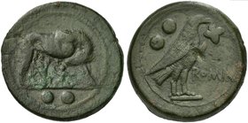 Anonymous, Sextans, Rome, 217-215 BC
AE (g 26,72; mm 30; h 8)
She-wolf suckling twins; in ex. °°, Rv. Eagle standing r., holding flower in beak; beh...