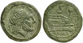 First anchor series, Semis, Rome, 209-208 BC
AE (g 18,16; mm 28; h 2)
Laureate head of Saturn r.; behind, S, Rv. Prow r.; above, S; before, anchor; ...