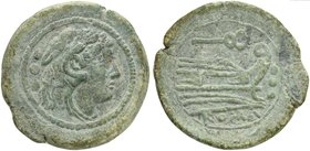 First caduceus series, Semis, Rome, 211-208 BC
AE (g 15,57; mm 30; h 1)
Head of Hercules r., wearing lion’s skin; behind, °°°, Rv. Prow r.; above, c...