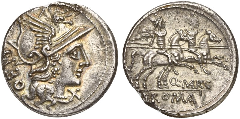 Q. Marcius Libo, Denarius, Rome, 148 BC
AR (g 3,70; mm 19; h 4)
Helmeted head ...