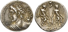 L. Caesius, Denarius, Rome, 112 or 111 BC
AR (g 3,95; mm 20; h 12)
Togate bust of Apollon Veiovis l., holding thunderbolt; behind, monogram AP V, Rv...