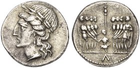 The Bellum Sociale, Denarius, Corfinium, 90 BC
AR (g 3,78; mm 18; h 6)
Laureate head of Italia l., Rv. Oath-taking scene: eight soldiers, four on ea...