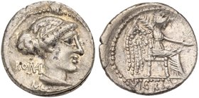M. Porcius Cato, Denarius, Rome, 89 BC
AR (g 3,73; mm 18; h 3)
Draped female bust r.; behind, ROMA; below, M CATO, Rv. Victory seated r., holding pa...