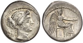 M. Porcius Cato, Denarius, Rome, 89 BC
AR (g 3,93; mm 18; h 12)
Draped female bust r.; behind, ROMA; below, M CATO, Rv. Victory seated r., holding p...