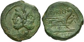 L. Titurius L.f. Sabinus, As, Rome, 89 BC
AE (g 10,71; mm 28; h 3)
Laureate head of Janus; above, I, Rv. Prow r., on which stand Victory holding wre...
