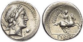 P. Crepusius, Denarius, Rome, 82 BC
AR (g 4,10; mm 18; h 9)
Laureate head of Apollo r.; behind, sceptre and control letter; before, control symbol, ...