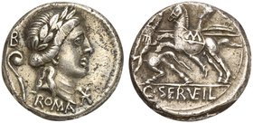 C. Servilius Vatia, Denarius, Rome, 82-80 BC
AR (g 3,79; mm 17; h 2)
Laureate head of Apollo r.; behind, B and lituus; before, *; below, ROMA, Rv. H...