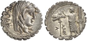 A. Postumius A.f. Sp.n. Albinus, Denarius serratus, Rome, 81 BC
AR (g 3,48; mm 19; h 6)
Veiled head of Hispania r.; behind, HISPAN, Rv. Togate figur...