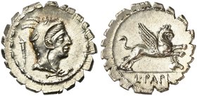 L. Papius, Denarius serratus, Rome, 79 BC
AR (g 3,80; mm 20; h 6)
Head of Juno Sospita r.; behind, control symbol, Rv. Gryphon leaping r.; below, co...