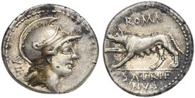 P. Satrienus, Denarius, Rome, 77 BC
AR (g 3,83; mm 19; h 9)
Helmeted head of Roma r.; behind, control numeral, Rv. She-wolf l.; above, ROMA; in ex. ...