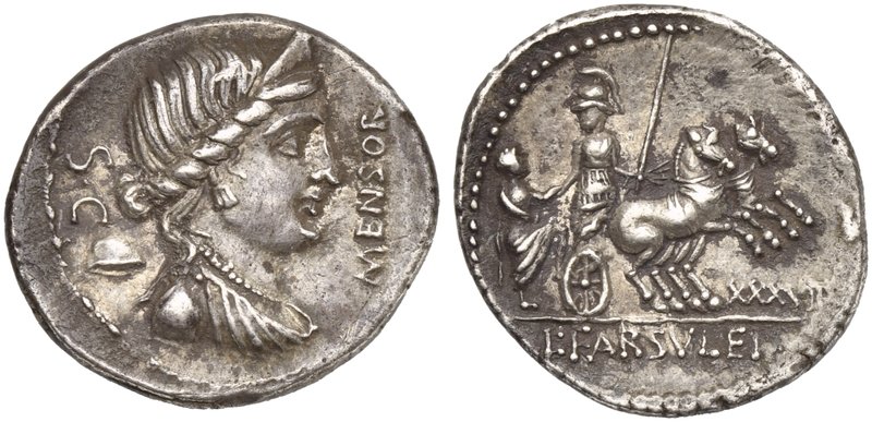 L. Farsuleius Mensor, Denarius, Rome, 75 BC
3,97; mm 21; h 6)
Diademed and dra...
