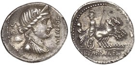 L. Farsuleius Mensor, Denarius, Rome, 75 BC
3,97; mm 21; h 6)
Diademed and draped bust of Libertas r.; behind, pileus and S C; before, MENSOR, Rv. W...