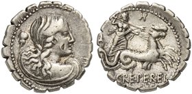 Q. Crepereius M.f. Rocus, Denarius serratus, Rome, 72 BC
AR (g 3,95; mm 18; h 7)
Draped bust of Amphitrite seen from behind, with head turned to r.;...