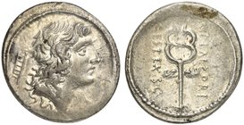 M. Plaetorius M.f. Cestianus, Denarius, Rome, 69 ΒC
AR (g 4,04; mm 19; h 6)
Male head r.; behind, control symbol, Rv. Winged caduceus; on r., M PLAE...