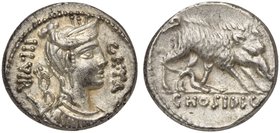 C. Hosidius C.f. Geta, Denarius, Rome, 68 BC
AR (g 3,98; mm 17; h 6)
Draped bust of Diana r., with bow and quiver over shoulder; before, GETA; behin...