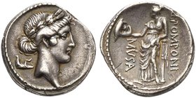 Q. Pomponius Musa, Denarius, Rome, 66 BC
AR (g 3,59; mm 18; h 3)
Laureate head of Apollo r.; behind, sandal, Rv. Thalia, Muse of Comedy, standing l....