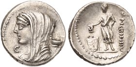 L. Cassius Longinus, Denarius, Rome, 63 BC
AR (g 3,88; mm 20; h 9)
Head of Vesta l., wearing veil and diadem; behind, dish; before, control letter, ...