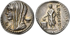 L. Cassius Longinus, Denarius, Rome, 63 BC
AR (g 3,90; mm 19; h 6)
Head of Vesta l., wearing veil and diadem; behind, dish; before, control letter, ...