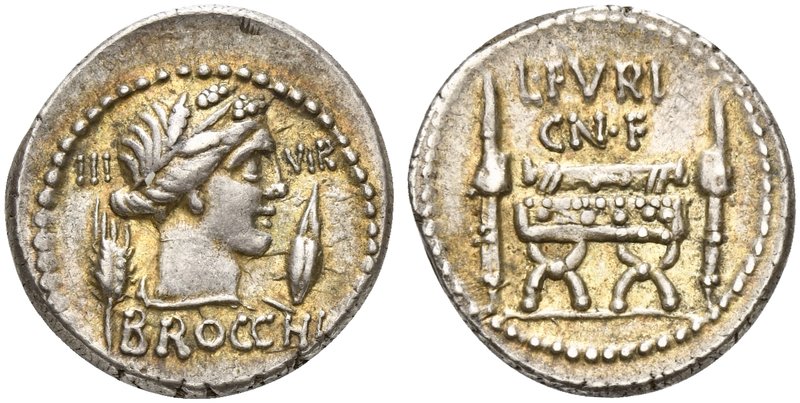 L. Furius Cn.f. Brocchus, Denarius, Rome, 63 BC
AR (g 3,92; mm 19; h 5)
Head o...