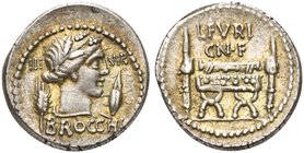 L. Furius Cn.f. Brocchus, Denarius, Rome, 63 BC
AR (g 3,92; mm 19; h 5)
Head of Ceres r.; behind, corn ear and III; before, barley grain and VIR; be...