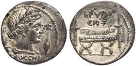 L. Furius Cn.f. Brocchus, Denarius, Rome, 63 BC
AR (g 3,86, mm 19; h 6)
Head of Ceres r.; behind, corn ear and III; before, barley grain and VIR; be...