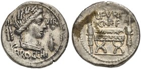 L. Furius Cn.f. Brocchus, Denarius, Rome, 63 BC
AR (g 3,92; mm 19; h 6)
Head of Ceres r.; behind, corn ear and III; before, barley grain and VIR; be...