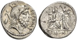 M. Nonius Sufenas, Denarius, Rome, 59 BC
AR (g 4,03; mm 18; h 4)
Head of Saturn r.; behind, S C, harpa and oval object; before, SVFENAS, Rv. Roma se...