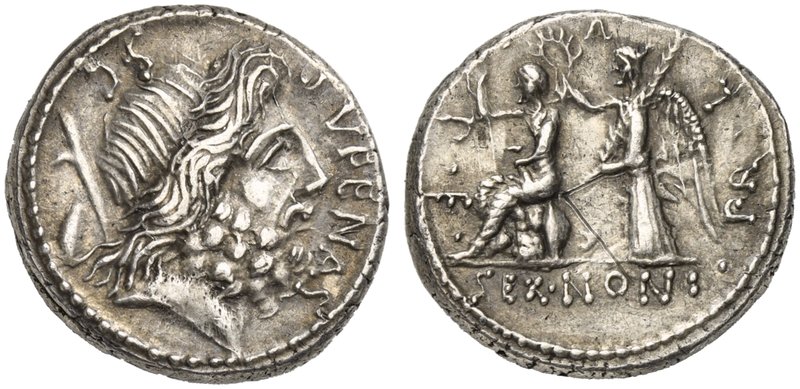 M. Nonius Sufenas, Denarius, Rome, 59 BC
AR (g 4,10; mm 17,5; h 5)
Head of Sat...