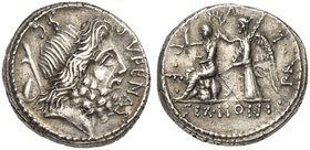 M. Nonius Sufenas, Denarius, Rome, 59 BC
AR (g 4,10; mm 17,5; h 5)
Head of Saturn r.; behind, S C, harpa and oval object; before, SVFENAS, Rv. Roma ...