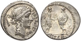 C. Servilius C.f., Denarius, Rome, 57 BC
AR (g 3,56; mm 19; h 4)
Head of Flora r.; behind, lituus; before, FLORAL PRIMVS, Rv. Two soldiers facing ea...