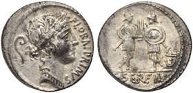 C. Servilius C.f., Denarius, Rome, 57 BC
AR (g 3,69; mm 18; h 5)
Head of Flora r.; behind, lituus; before, FLORAL PRIMVS, Rv. Two soldiers facing ea...