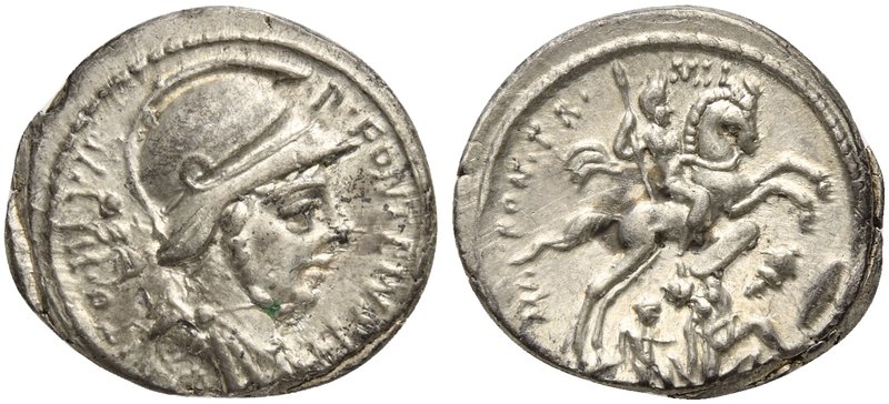 P. Fonteius P.f. Capito, Denarius, Rome, 55 BC
AR (g 3,91; mm 20; h 12)
Helmet...