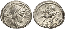 P. Fonteius P.f. Capito, Denarius, Rome, 55 BC
AR (g 3,91; mm 20; h 12)
Helmeted and draped bust of Mars r., with trophy over shoulder; around, P FO...