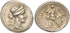 P. Licinius Crassus M.f., Denarius, Rome, 55 BC
AR (g 4,19; mm 20; h 5)
Draped, diademed and laureate bust of Venus r.; behind, S C, Rv. Female figu...