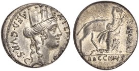 A. Plautius, Denarius, Rome, 55 BC
AR (g 3,90; mm 17; h 3)
Head of Cybele r., with turreted crown; before, A PLAVTIVS; behind, AED CVR S C, Rv. Drom...