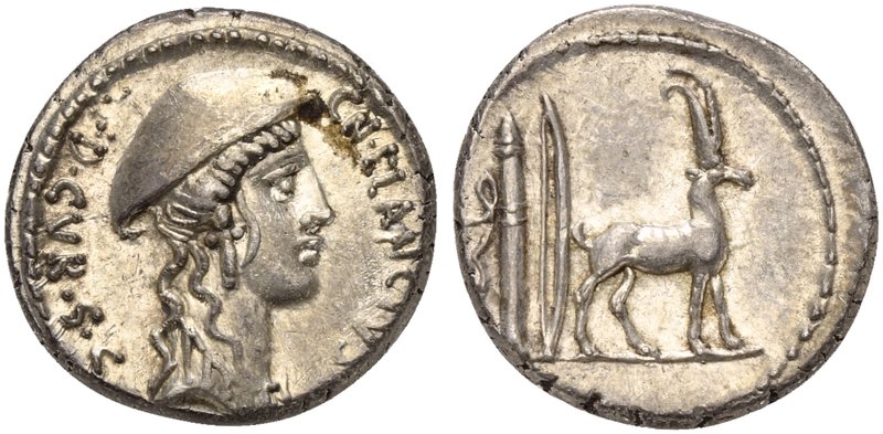 Cn. Plancius, Denarius, Rome, 55 BC
AR (g 4,16; mm 18; h 5)
Female head r., we...