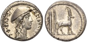 Cn. Plancius, Denarius, Rome, 55 BC
AR (g 4,16; mm 18; h 5)
Female head r., wearing causia; before, CN PLANCIVS; behind, AED CVR S C, Rv. Cretan goa...