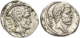 M. Junius Brutus, Denarius, Rome, 54 BC
AR (g 3,77; mm 19; h 3)
Head of L. Junius Brutus (Cos. 509) r.; behind, BRVTVS, Rv. Head of C. Servilius Aha...